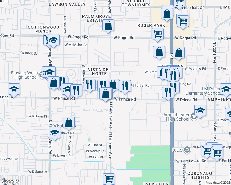 map of restaurants, bars, coffee shops, grocery stores, and more near 826 West Prince Road in Tucson