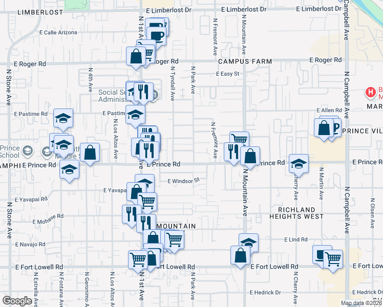 map of restaurants, bars, coffee shops, grocery stores, and more near 1003 East Prince Road in Tucson