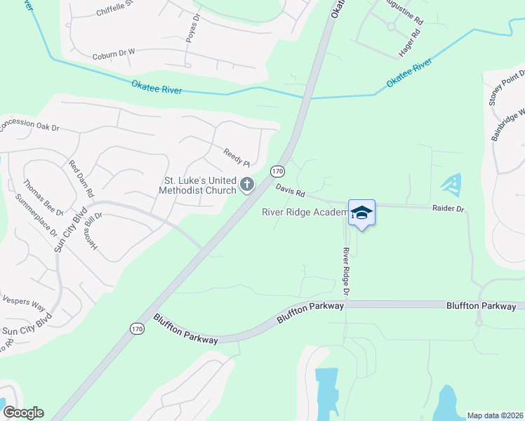 map of restaurants, bars, coffee shops, grocery stores, and more near 3053 North Okatie Highway in Bluffton