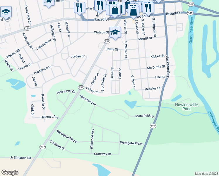 map of restaurants, bars, coffee shops, grocery stores, and more near 70 Turner Street in Hawkinsville