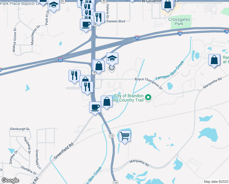 map of restaurants, bars, coffee shops, grocery stores, and more near 22 Majesty Lane in Brandon