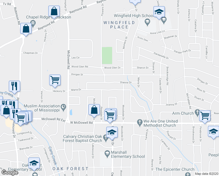 map of restaurants, bars, coffee shops, grocery stores, and more near 1546 Maria Drive in Jackson