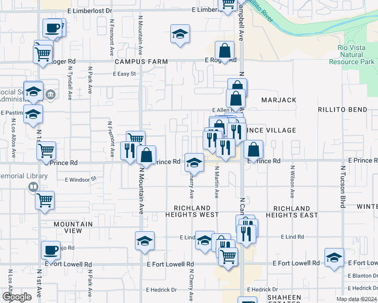 map of restaurants, bars, coffee shops, grocery stores, and more near 1501A East Prince Road in Tucson