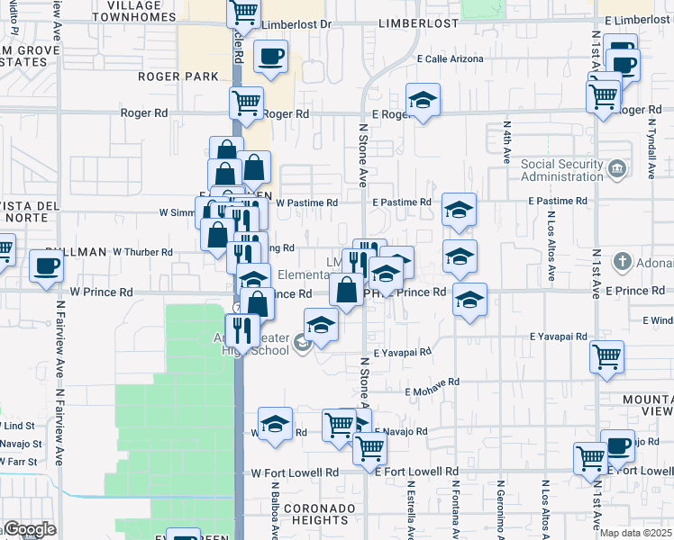 map of restaurants, bars, coffee shops, grocery stores, and more near 3621 North Stone Avenue in Tucson