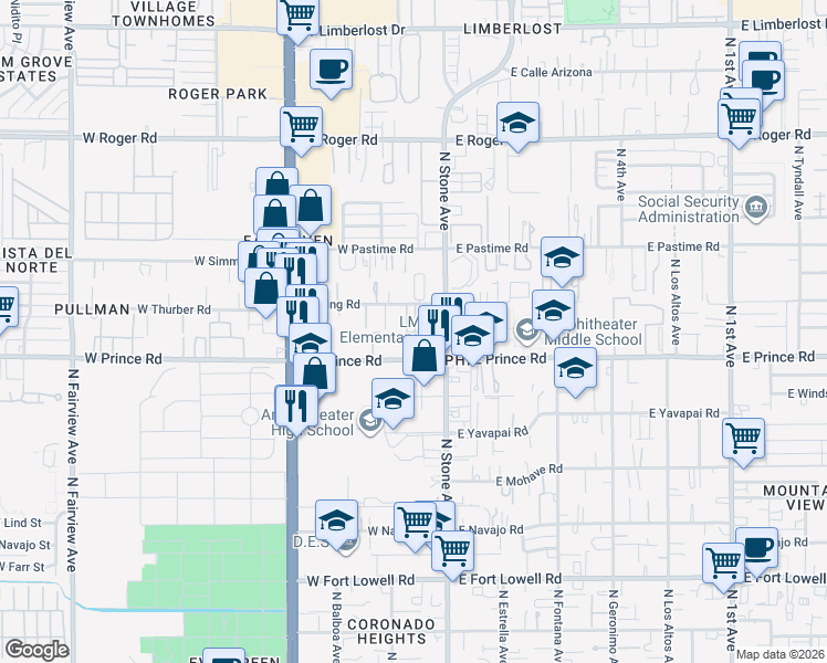 map of restaurants, bars, coffee shops, grocery stores, and more near 3621 North Stone Avenue in Tucson