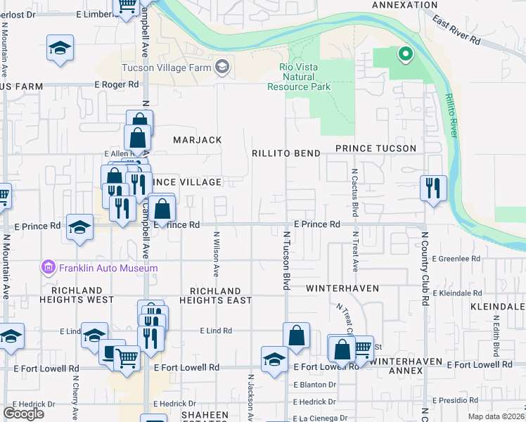 map of restaurants, bars, coffee shops, grocery stores, and more near 3630 North Sunterra Court in Tucson