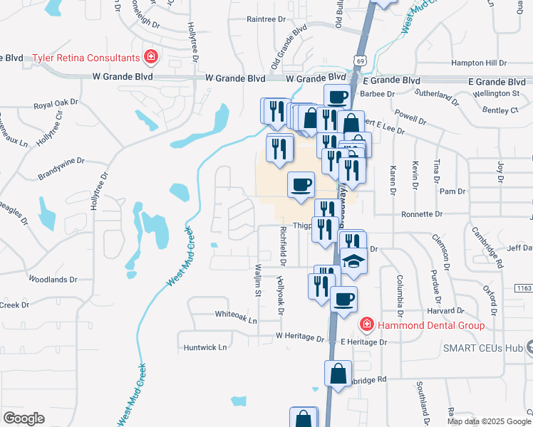 map of restaurants, bars, coffee shops, grocery stores, and more near 415 Thigpen Drive in Tyler