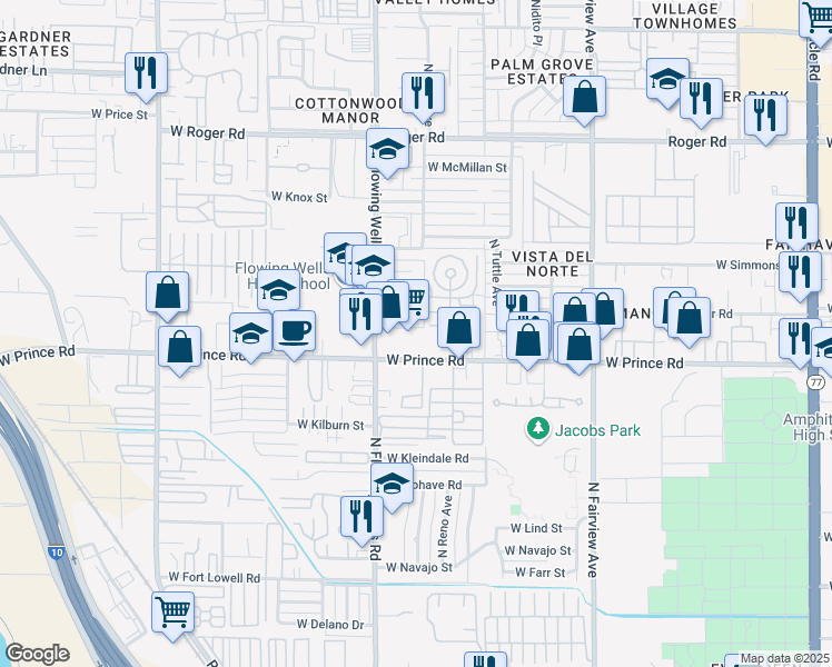 map of restaurants, bars, coffee shops, grocery stores, and more near 1330 West Prince Road in Tucson