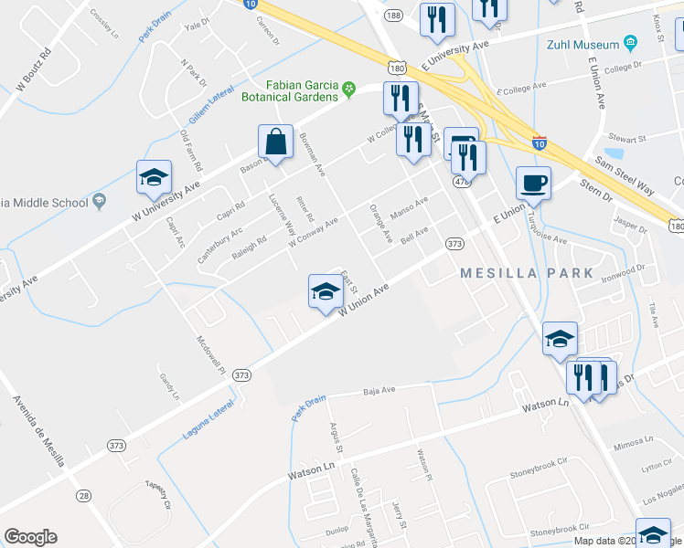 map of restaurants, bars, coffee shops, grocery stores, and more near E Street in Las Cruces