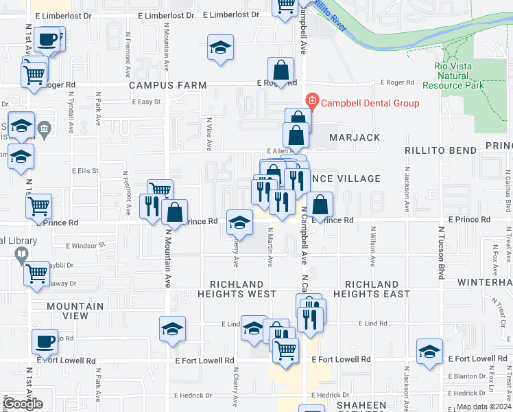 map of restaurants, bars, coffee shops, grocery stores, and more near 112-115 Prince Garden Drive in Tucson