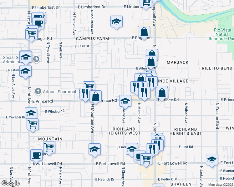 map of restaurants, bars, coffee shops, grocery stores, and more near 1501A East Prince Road in Tucson