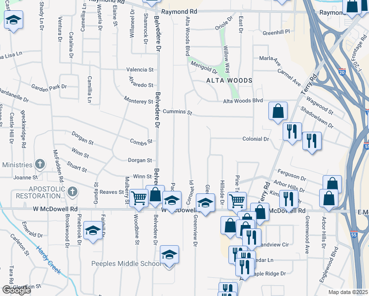 map of restaurants, bars, coffee shops, grocery stores, and more near 2421 Coronet Place in Jackson