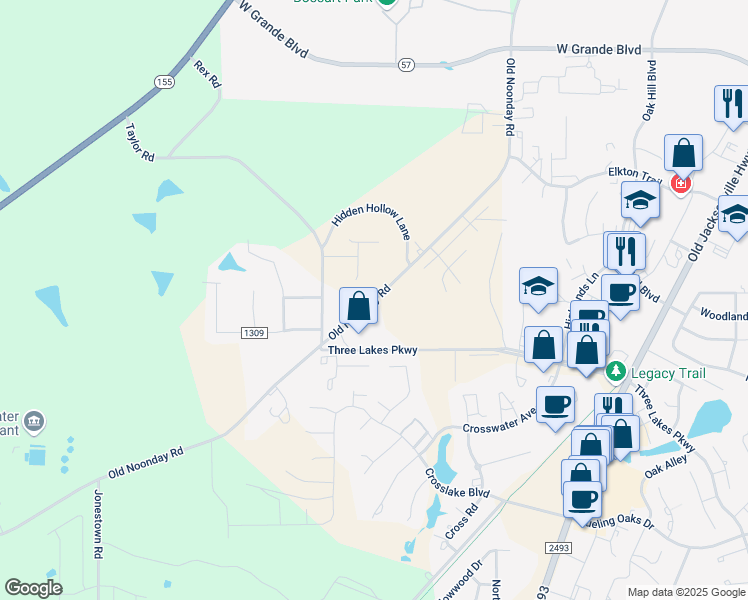 map of restaurants, bars, coffee shops, grocery stores, and more near 14346 Old Noonday Road in Tyler