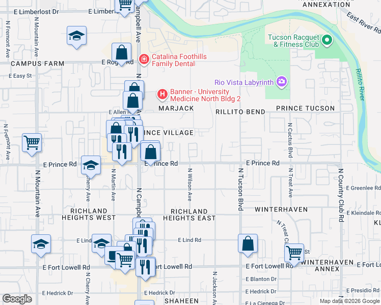 map of restaurants, bars, coffee shops, grocery stores, and more near 2140 East Gazania Lane in Tucson