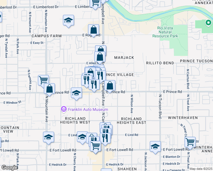 map of restaurants, bars, coffee shops, grocery stores, and more near 3636 North Campbell Avenue in Tucson