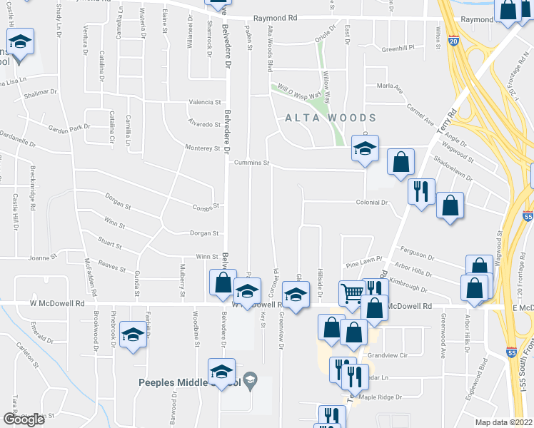 map of restaurants, bars, coffee shops, grocery stores, and more near 2401 Coronet Place in Jackson