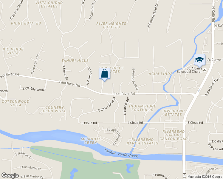 map of restaurants, bars, coffee shops, grocery stores, and more near 6601 East River Road in Tucson