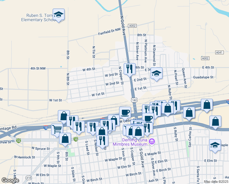 map of restaurants, bars, coffee shops, grocery stores, and more near North Iron Street in Deming