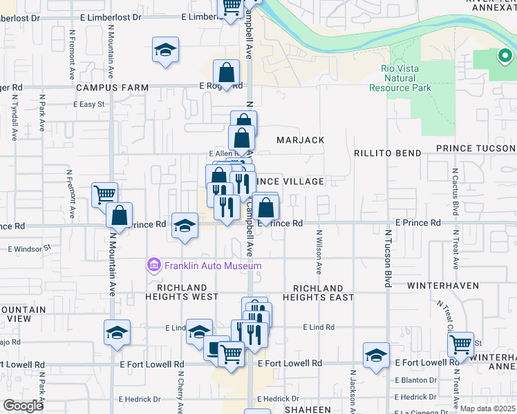 map of restaurants, bars, coffee shops, grocery stores, and more near 3636 North Campbell Avenue in Tucson