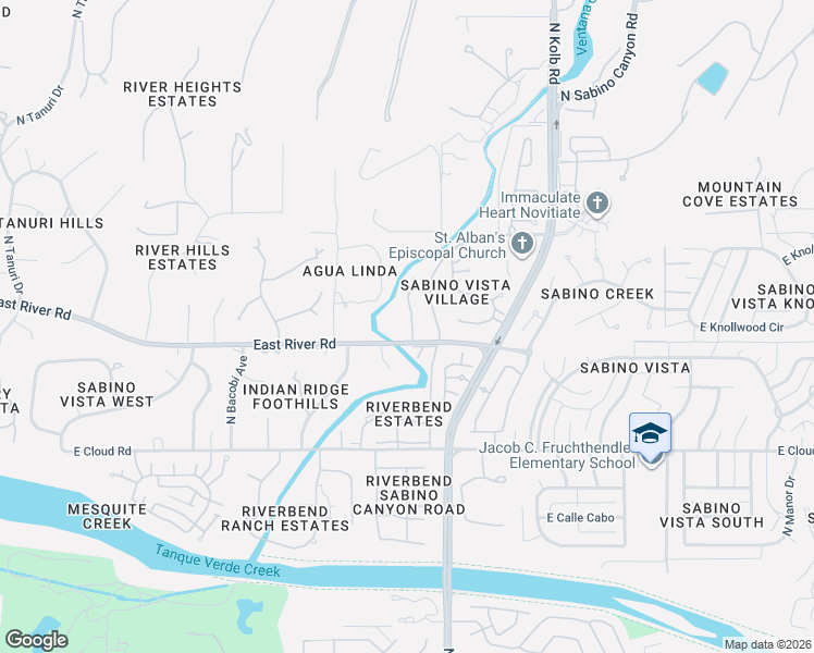 map of restaurants, bars, coffee shops, grocery stores, and more near 7007 East River Road in Tucson