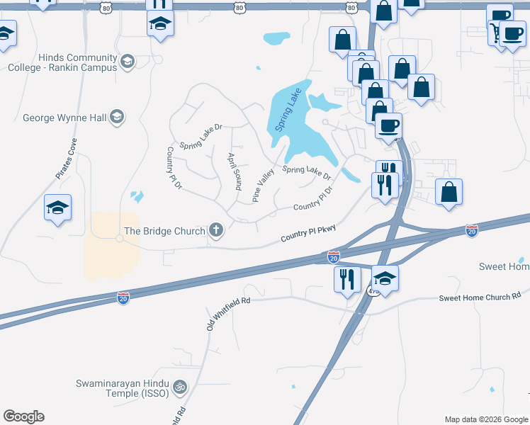 map of restaurants, bars, coffee shops, grocery stores, and more near 713 Country Place Drive in Pearl