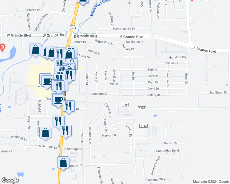 map of restaurants, bars, coffee shops, grocery stores, and more near 520 Ronnette Drive in Tyler