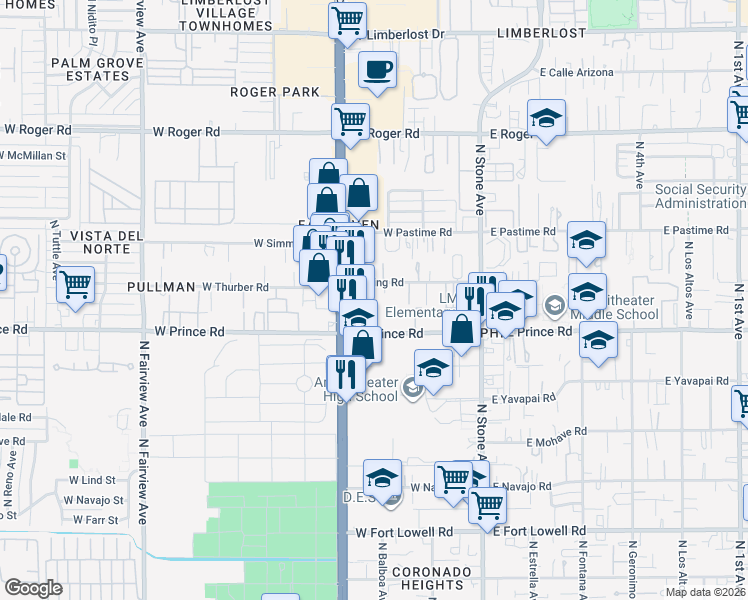 map of restaurants, bars, coffee shops, grocery stores, and more near 327 West King Road in Tucson