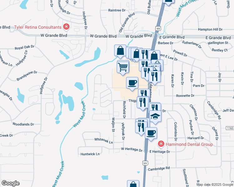 map of restaurants, bars, coffee shops, grocery stores, and more near 400 West South Town Drive in Tyler