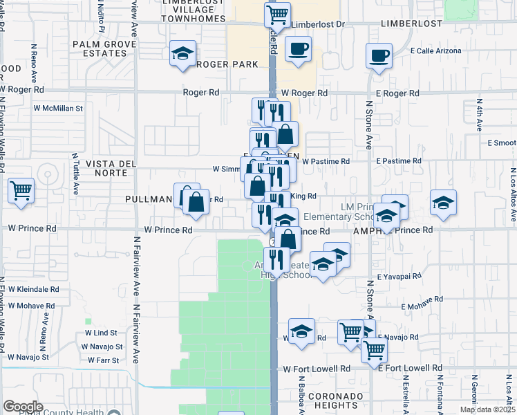 map of restaurants, bars, coffee shops, grocery stores, and more near 3619 North Oracle Road in Tucson