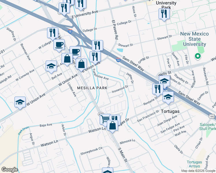 map of restaurants, bars, coffee shops, grocery stores, and more near 198-200 Cinnabar Ln in Las Cruces