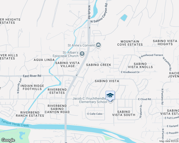 map of restaurants, bars, coffee shops, grocery stores, and more near 3605 North Sabino Creek Place in Tucson