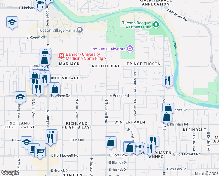 map of restaurants, bars, coffee shops, grocery stores, and more near 2472 East Moonrise Place in Tucson