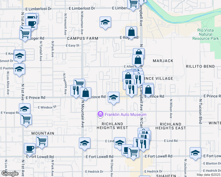 map of restaurants, bars, coffee shops, grocery stores, and more near 1501A East Prince Road in Tucson