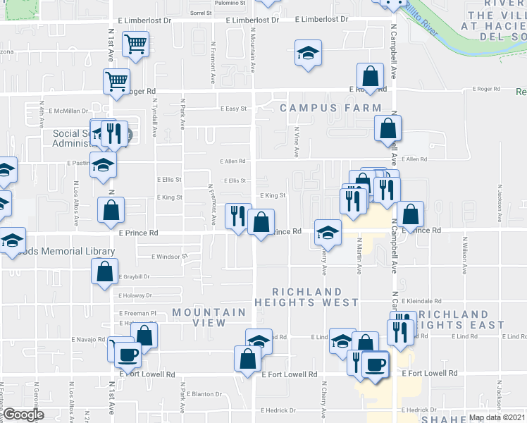 map of restaurants, bars, coffee shops, grocery stores, and more near 3620 North Mountain Avenue in Tucson