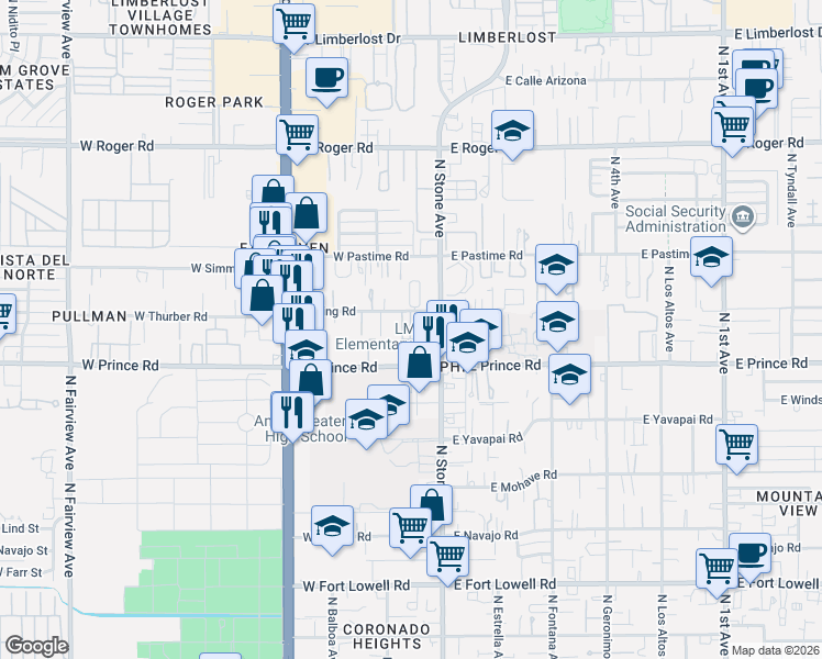 map of restaurants, bars, coffee shops, grocery stores, and more near 3621 North Stone Avenue in Tucson