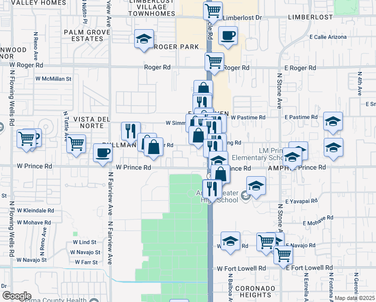 map of restaurants, bars, coffee shops, grocery stores, and more near 520 West Prince Road in Tucson