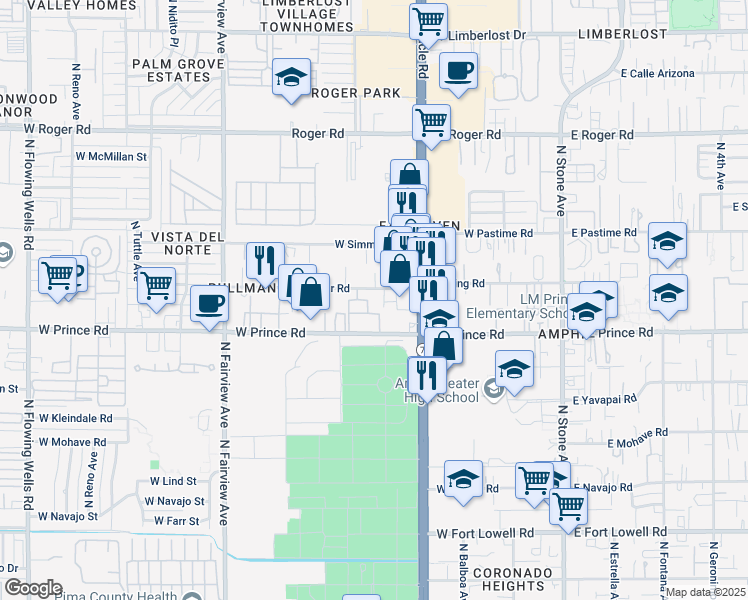 map of restaurants, bars, coffee shops, grocery stores, and more near 520 West Prince Road in Tucson