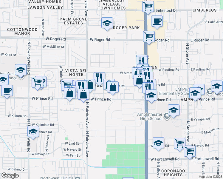 map of restaurants, bars, coffee shops, grocery stores, and more near 700 West Prince Road in Tucson