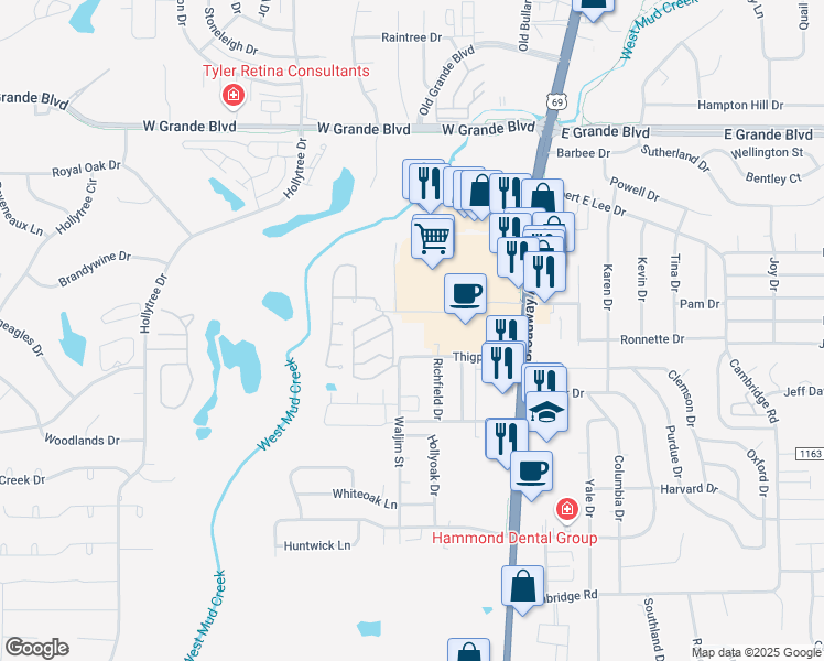 map of restaurants, bars, coffee shops, grocery stores, and more near 415 Thigpen Drive in Tyler