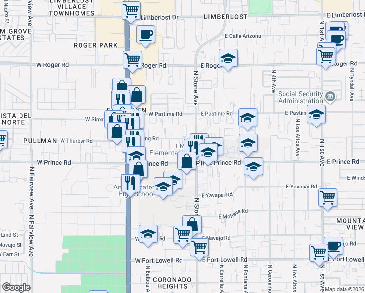 map of restaurants, bars, coffee shops, grocery stores, and more near 3621 North Stone Avenue in Tucson