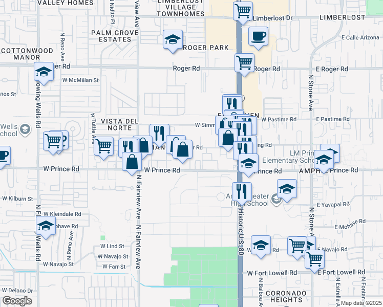 map of restaurants, bars, coffee shops, grocery stores, and more near 558 West Prince Road in Tucson