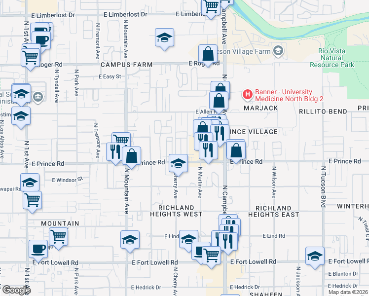 map of restaurants, bars, coffee shops, grocery stores, and more near 112-115 Prince Garden Drive in Tucson