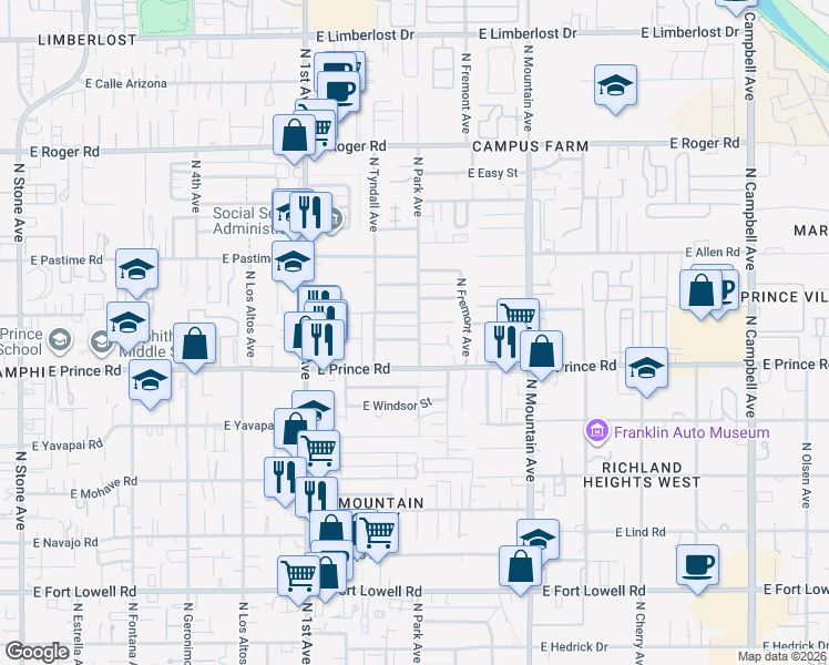 map of restaurants, bars, coffee shops, grocery stores, and more near 3702 North Park Avenue in Tucson