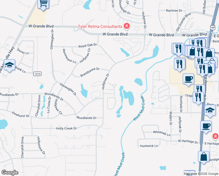 map of restaurants, bars, coffee shops, grocery stores, and more near 7018 Walden Drive in Tyler