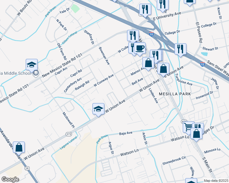 map of restaurants, bars, coffee shops, grocery stores, and more near 699 West Conway Avenue in Las Cruces
