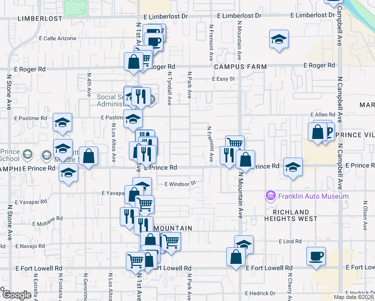 map of restaurants, bars, coffee shops, grocery stores, and more near 3702 North Park Avenue in Tucson