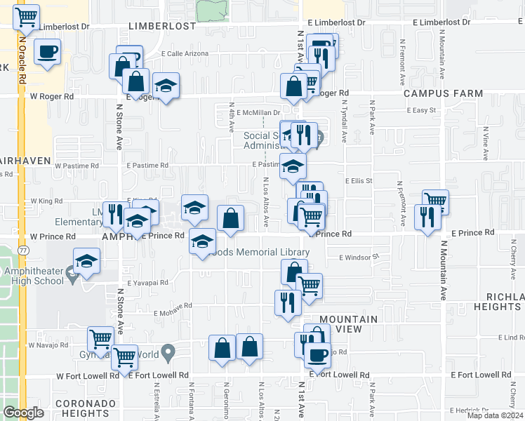 map of restaurants, bars, coffee shops, grocery stores, and more near 446 East Pastime Road in Tucson