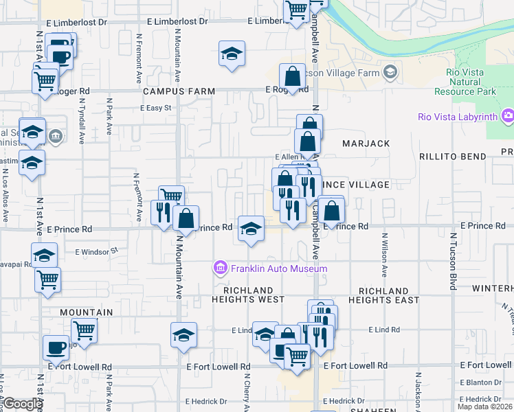 map of restaurants, bars, coffee shops, grocery stores, and more near 1625 East Prince Road in Tucson