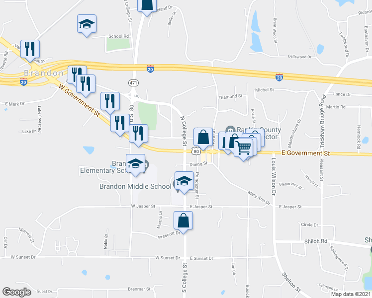 map of restaurants, bars, coffee shops, grocery stores, and more near 298 College Street in Brandon
