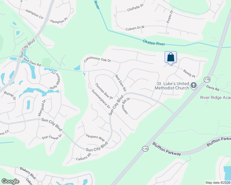 map of restaurants, bars, coffee shops, grocery stores, and more near 109 Thomas Bee Drive in Bluffton